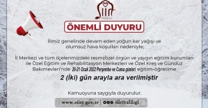 İlimiz Genelinde Eğitim-Öğretime 2 Gün Süreyle Ara Verildi